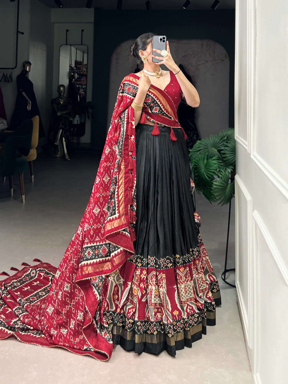 Black color tussar silk lehenga choli with dupatta online