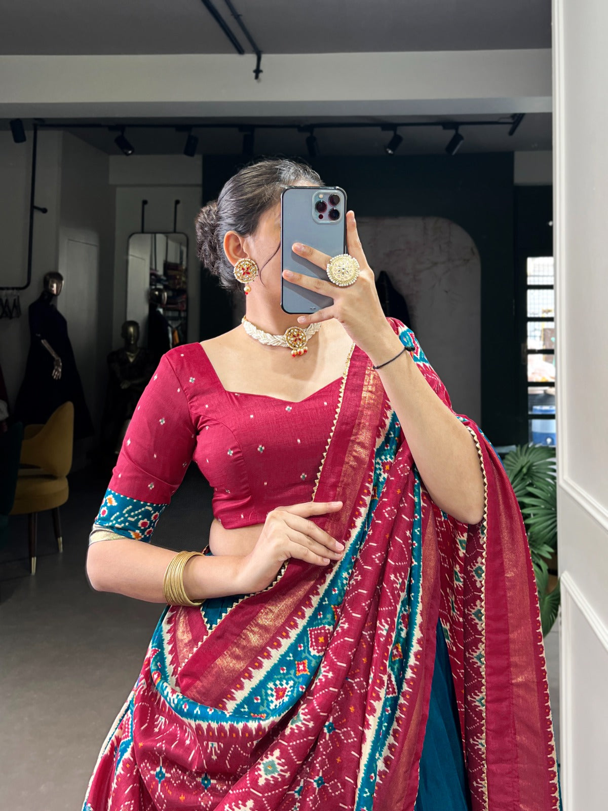 Teal color tussar silk lehenga choli with dupatta online