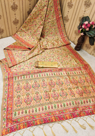 Beige color pashmina silk saree or women