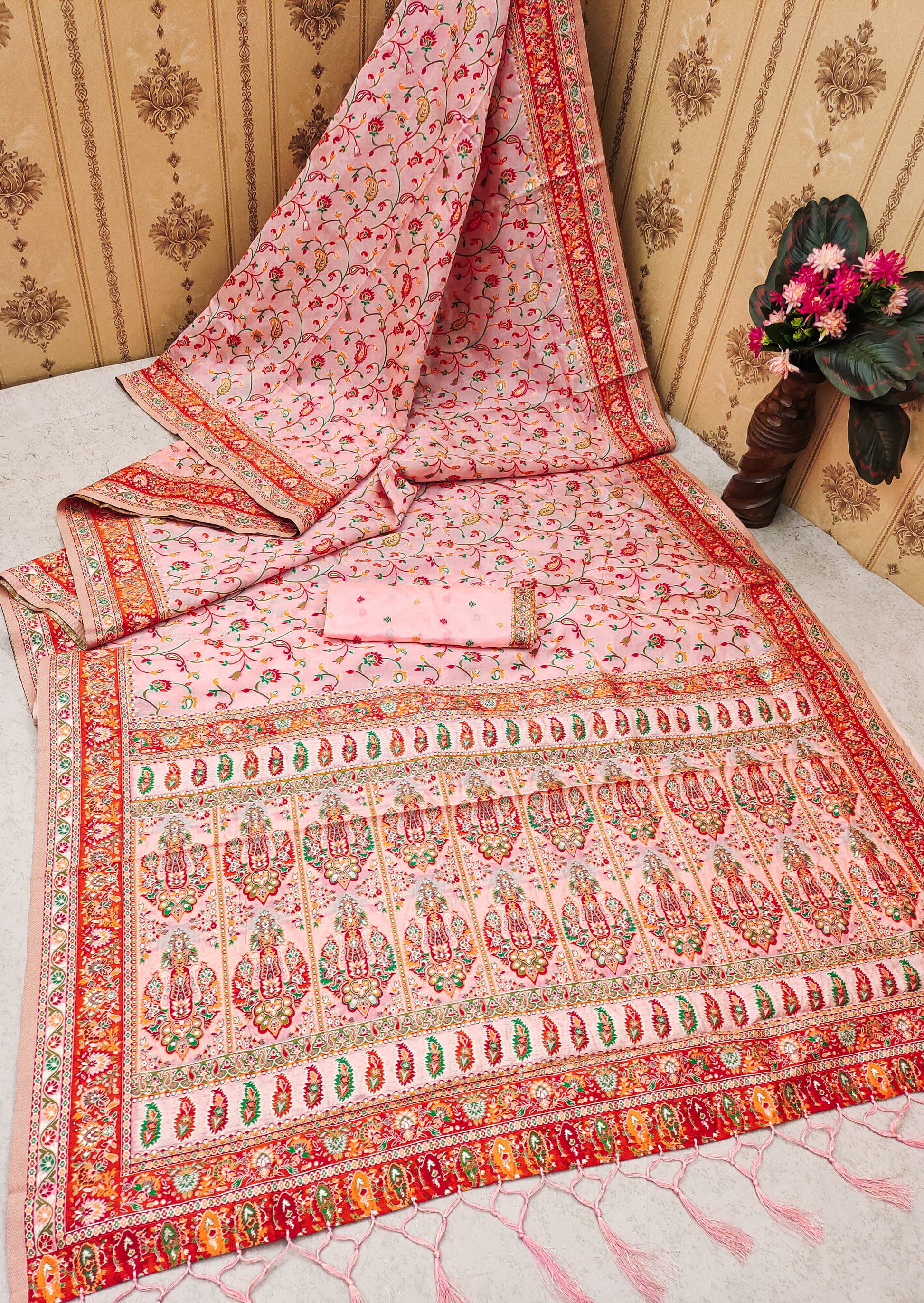 Pink color pashmina silk saree for wedding