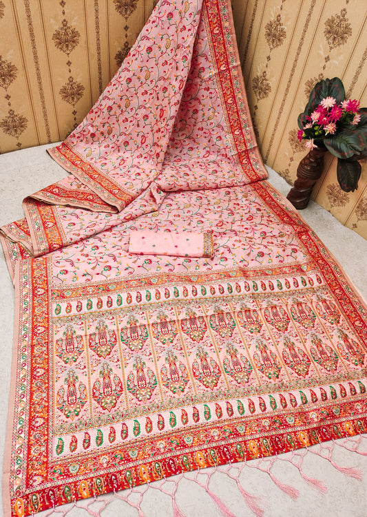 Pink color pashmina silk saree for wedding