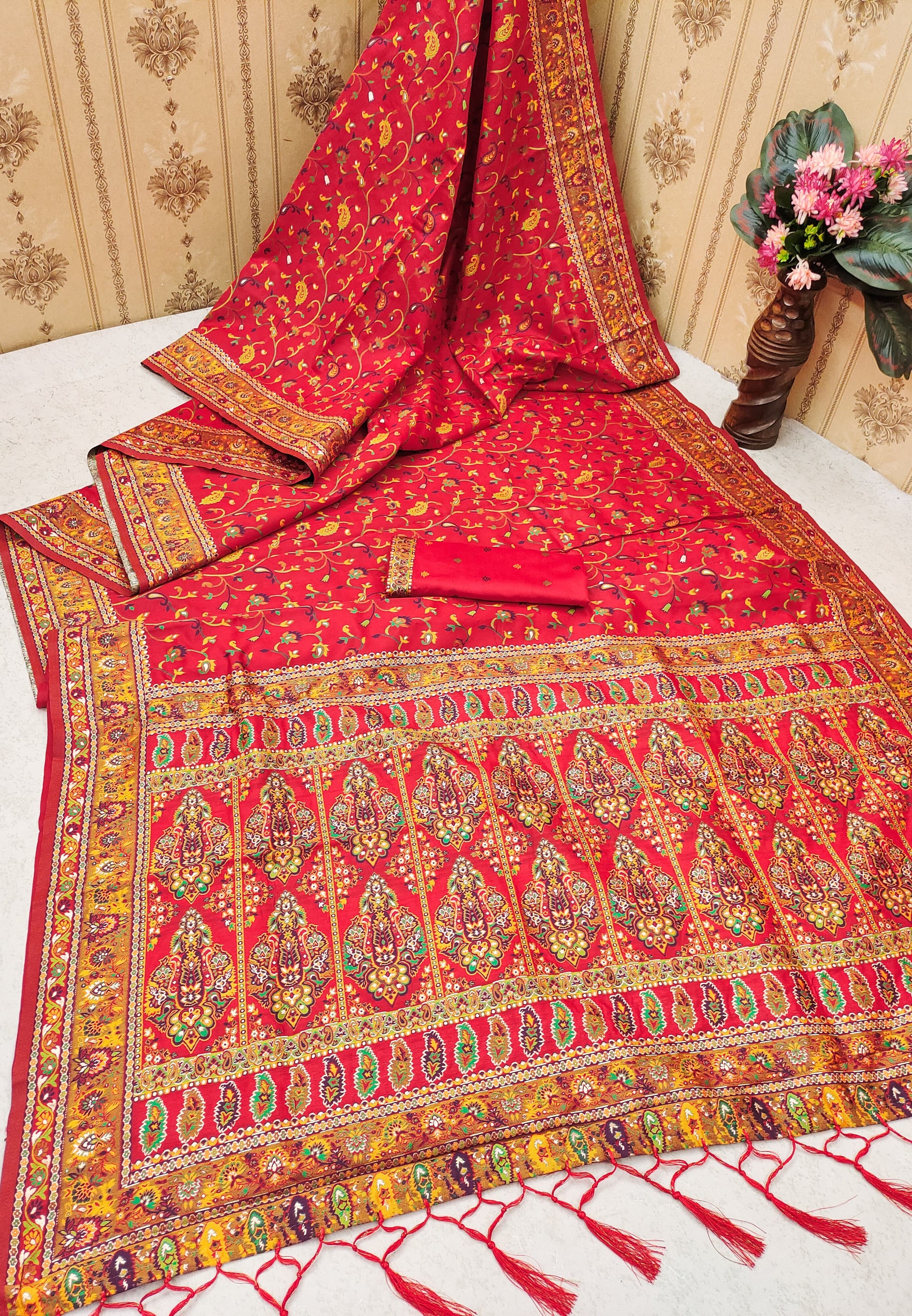 Red color pashmina silk saree for Party