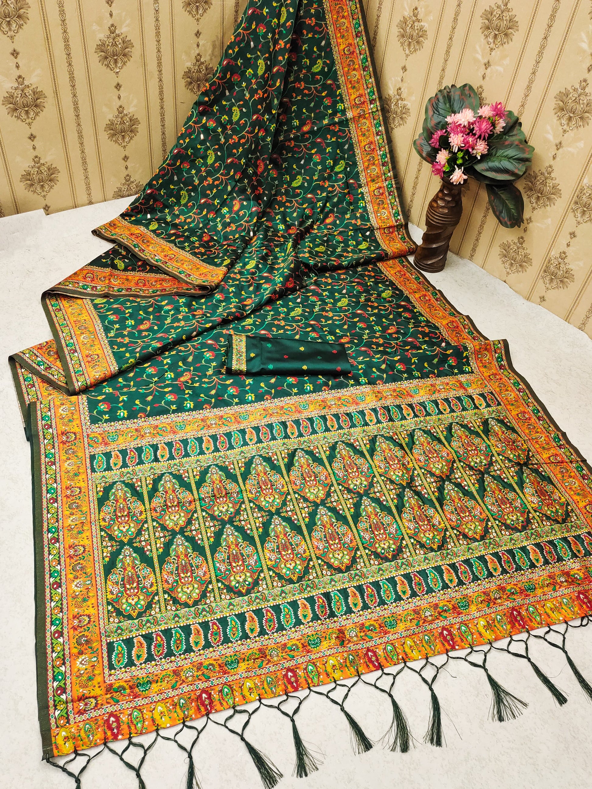 Green color pashmina silk saree with blouse online