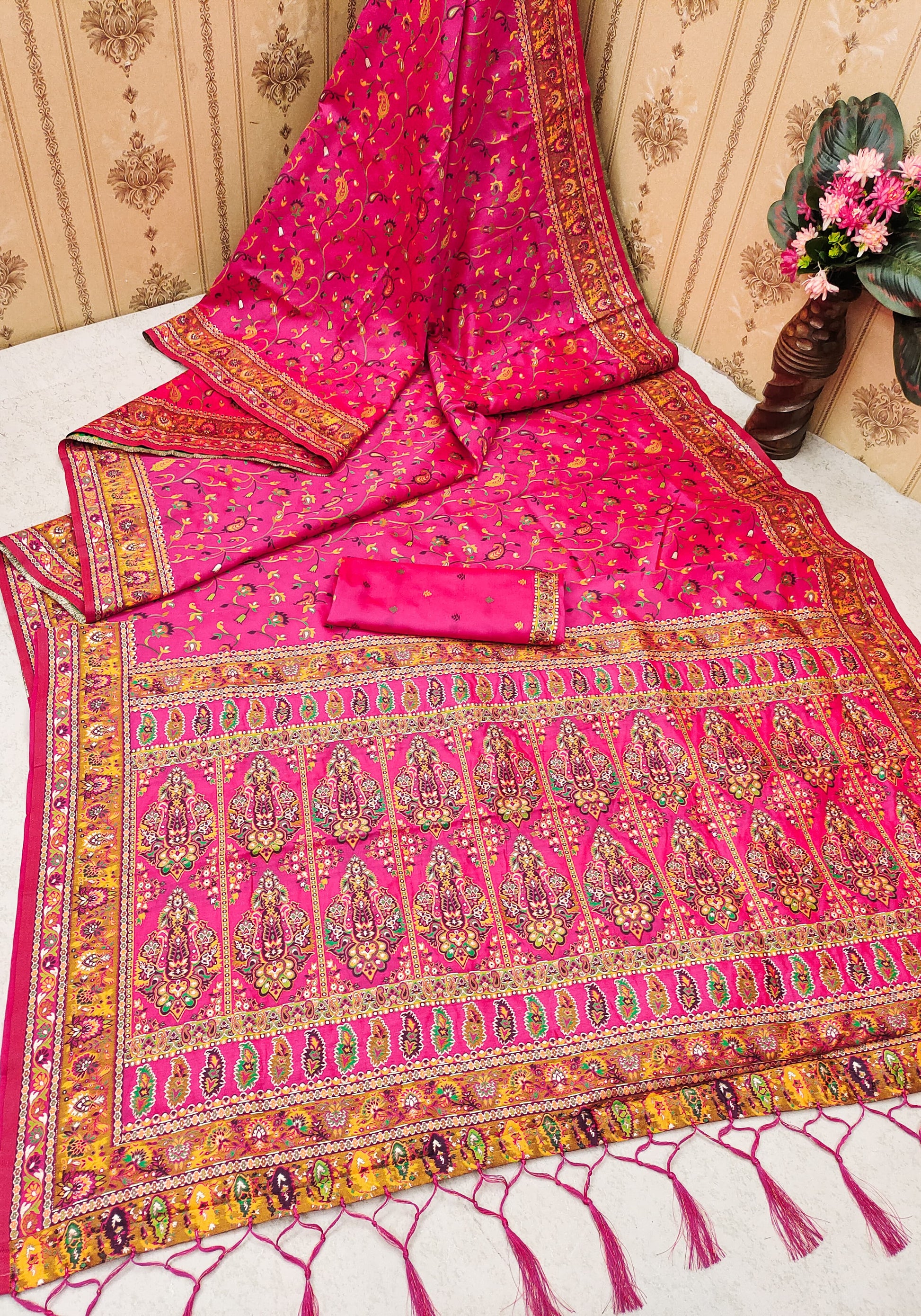 Pink color pashmina silk saree with blouse price