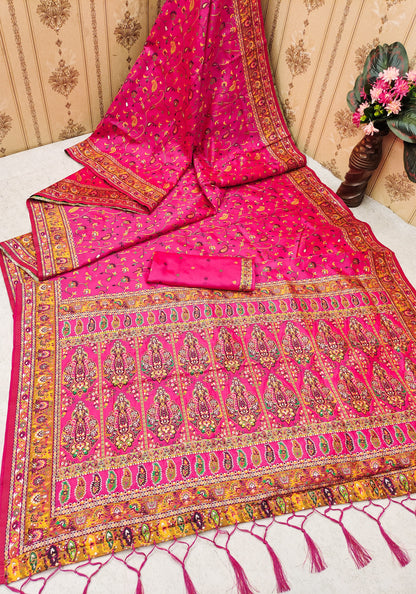 Pink color pashmina silk saree with blouse price