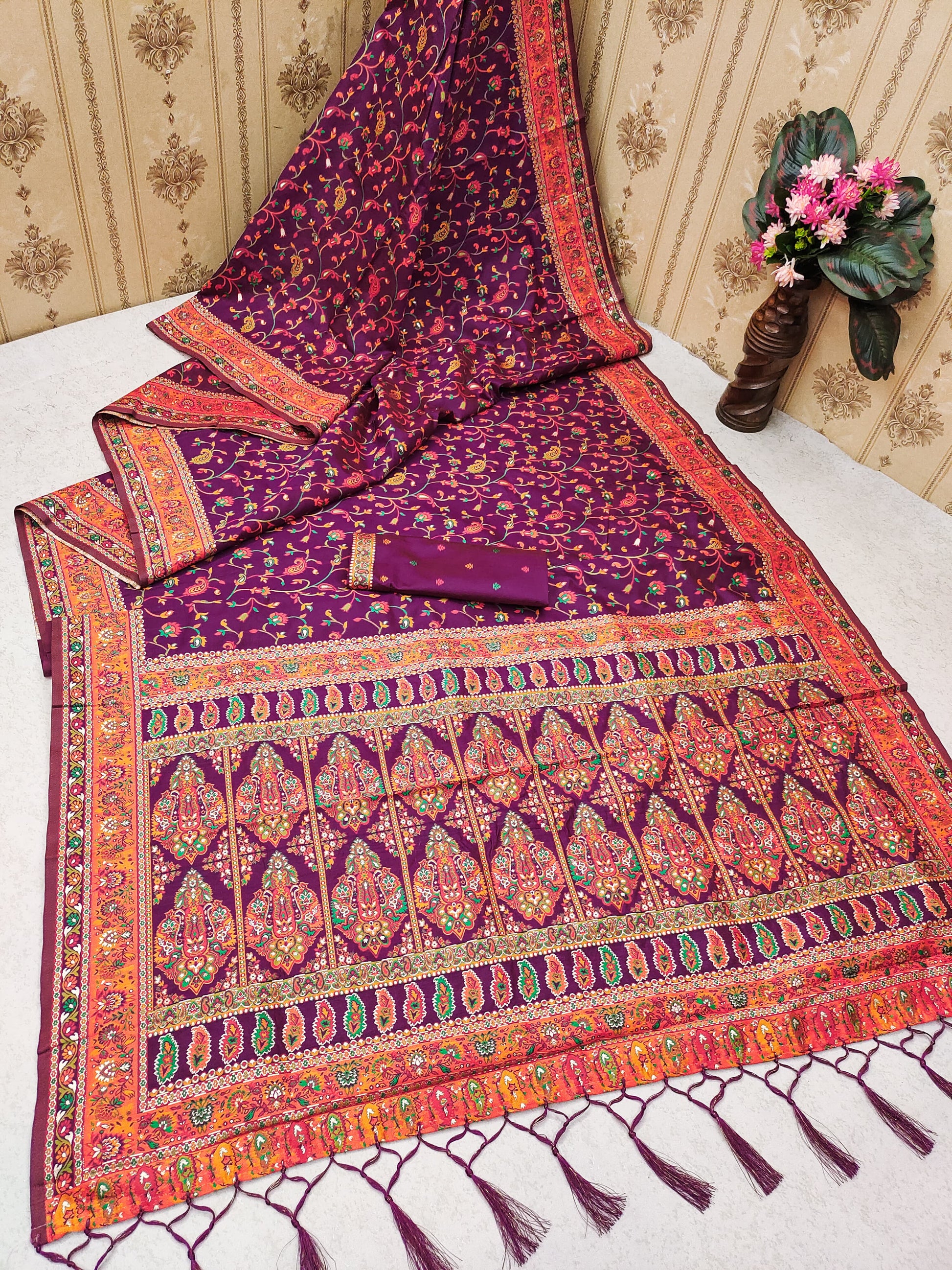 Wine color pashmina silk saree with blouse online