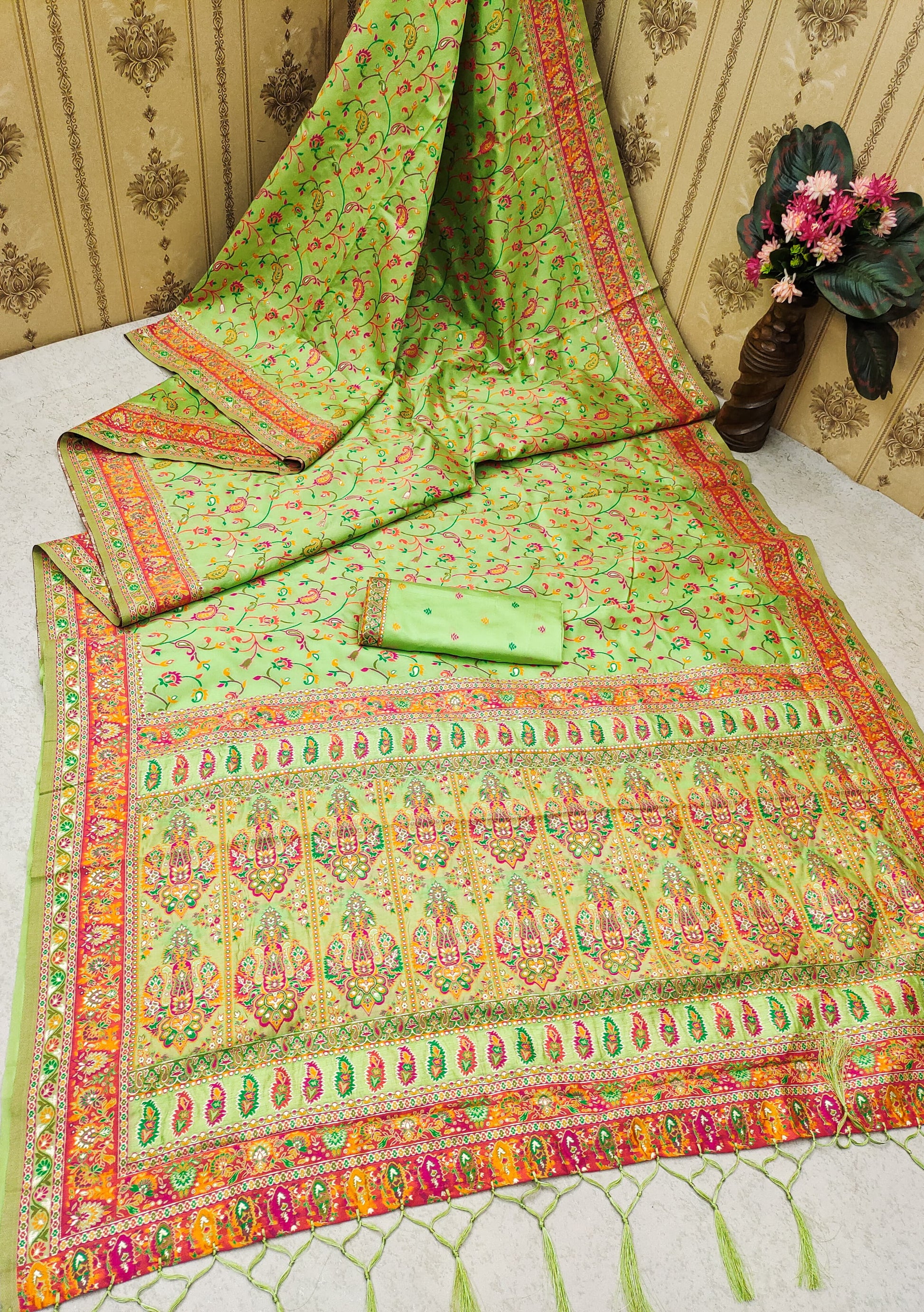 Pista color pashmina silk saree with blouse online shopping