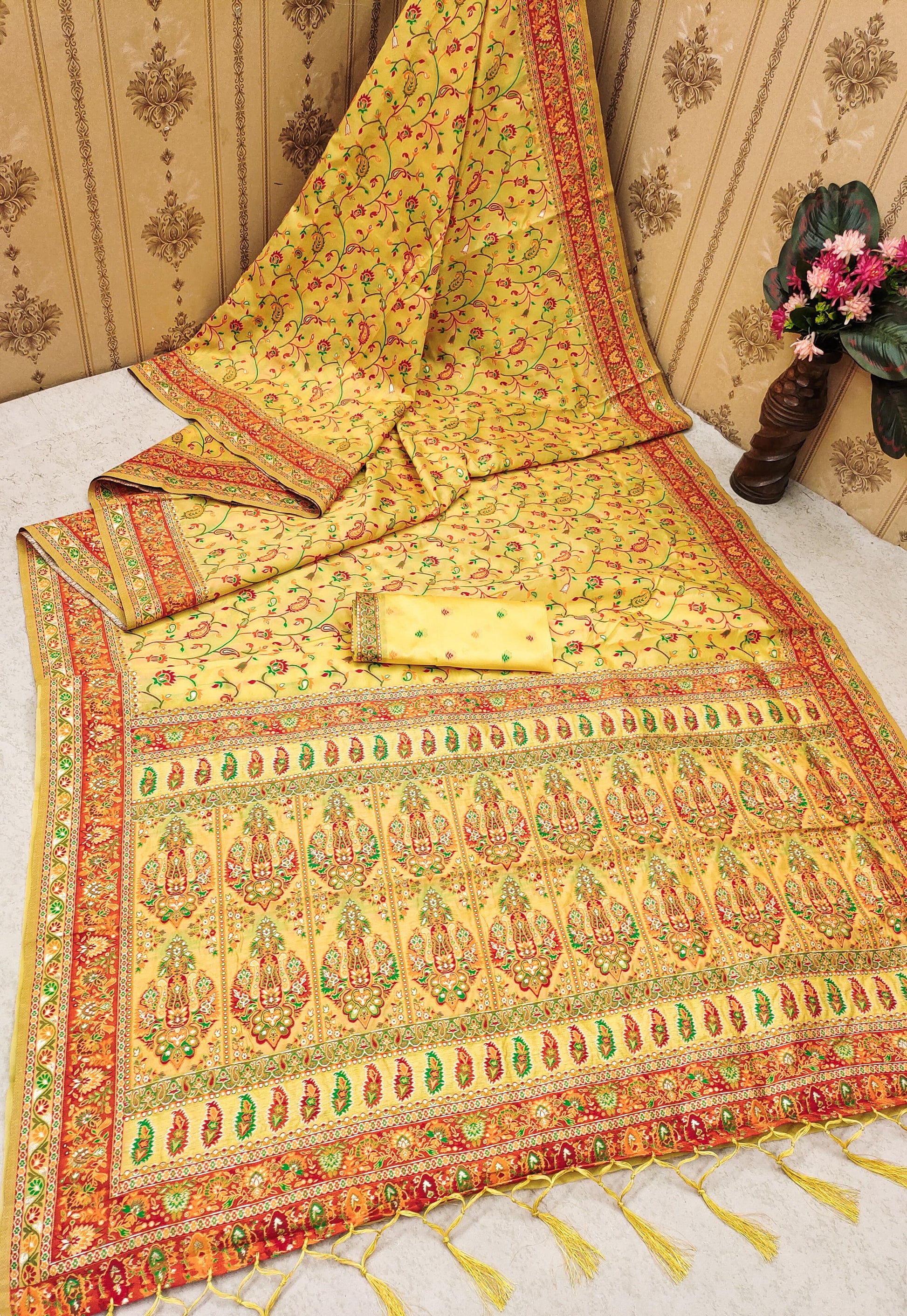 Yellow color pashmina silk saree with blouse price