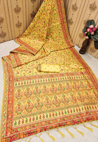 Yellow color pashmina silk saree with blouse price