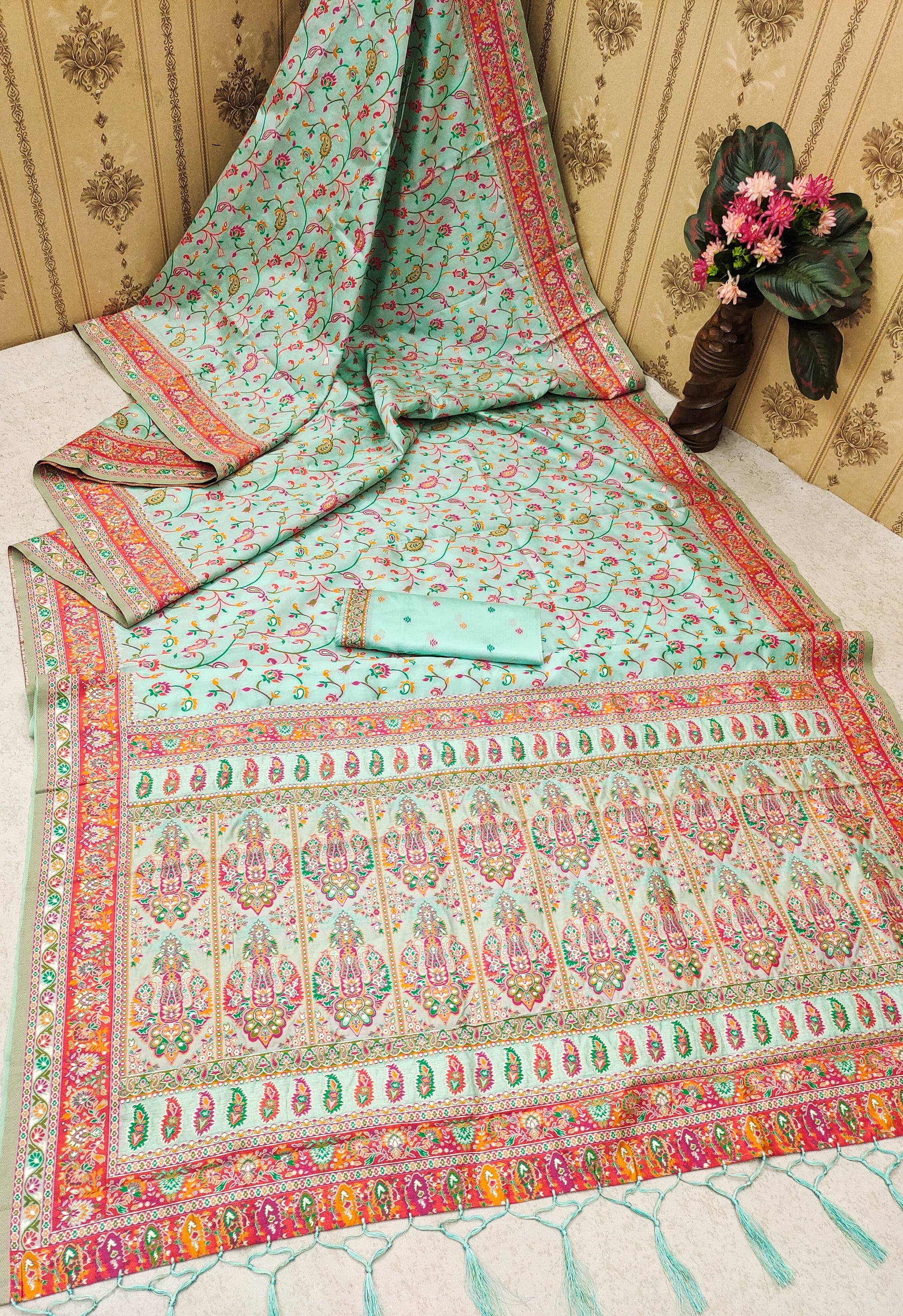 Sky color pashmina silk saree with blouse for wedding