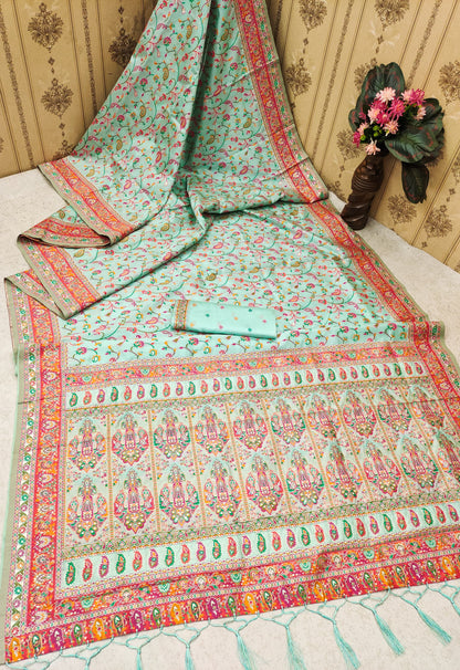 Sky color pashmina silk saree with blouse for wedding