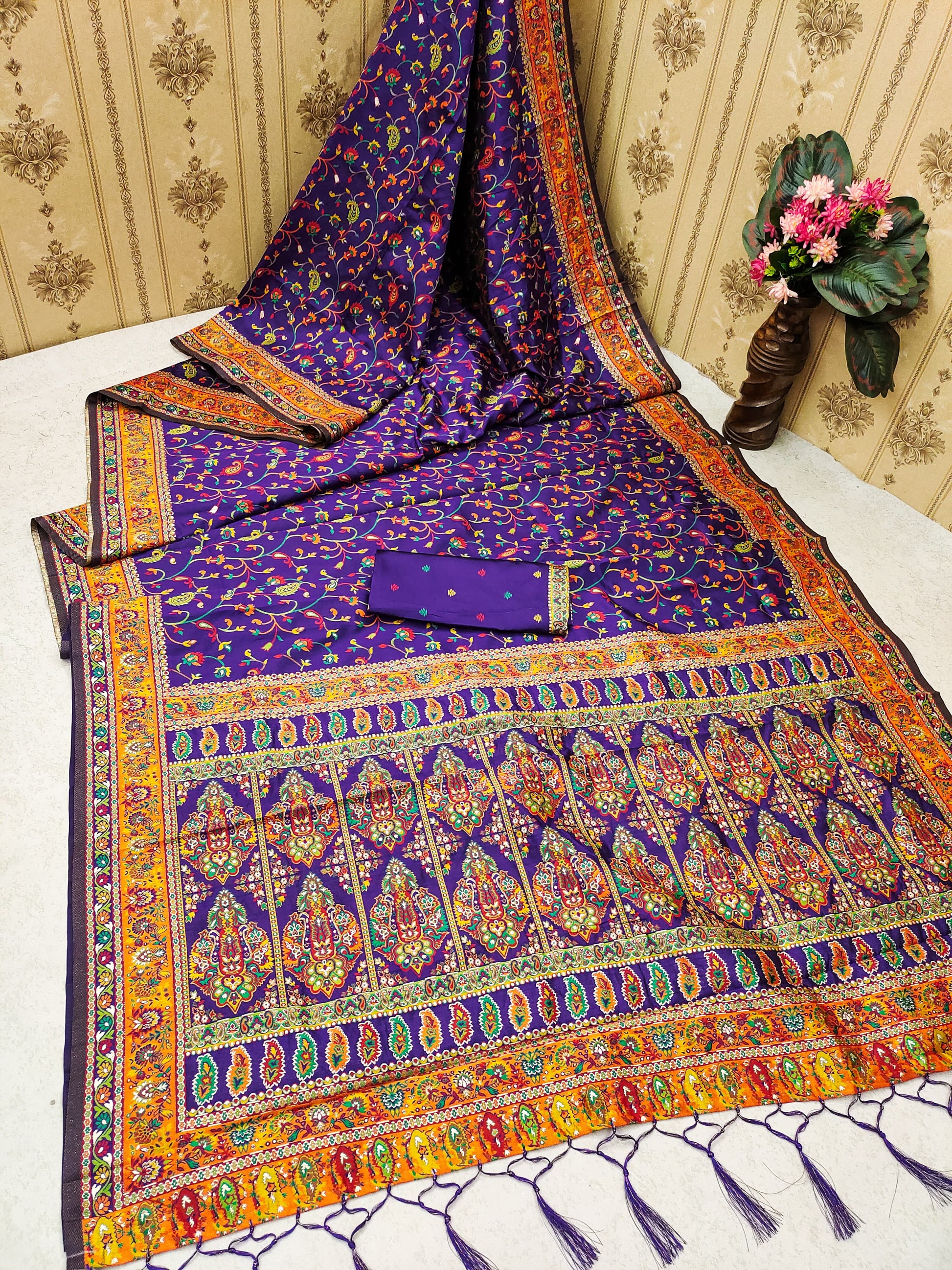 Purple color pashmina silk saree with blouse price