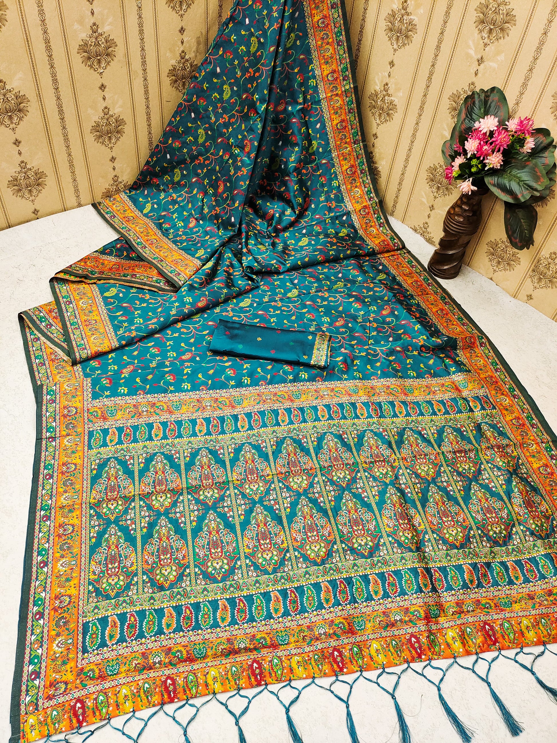 Rama color pashmina silk saree with blouse online shopping