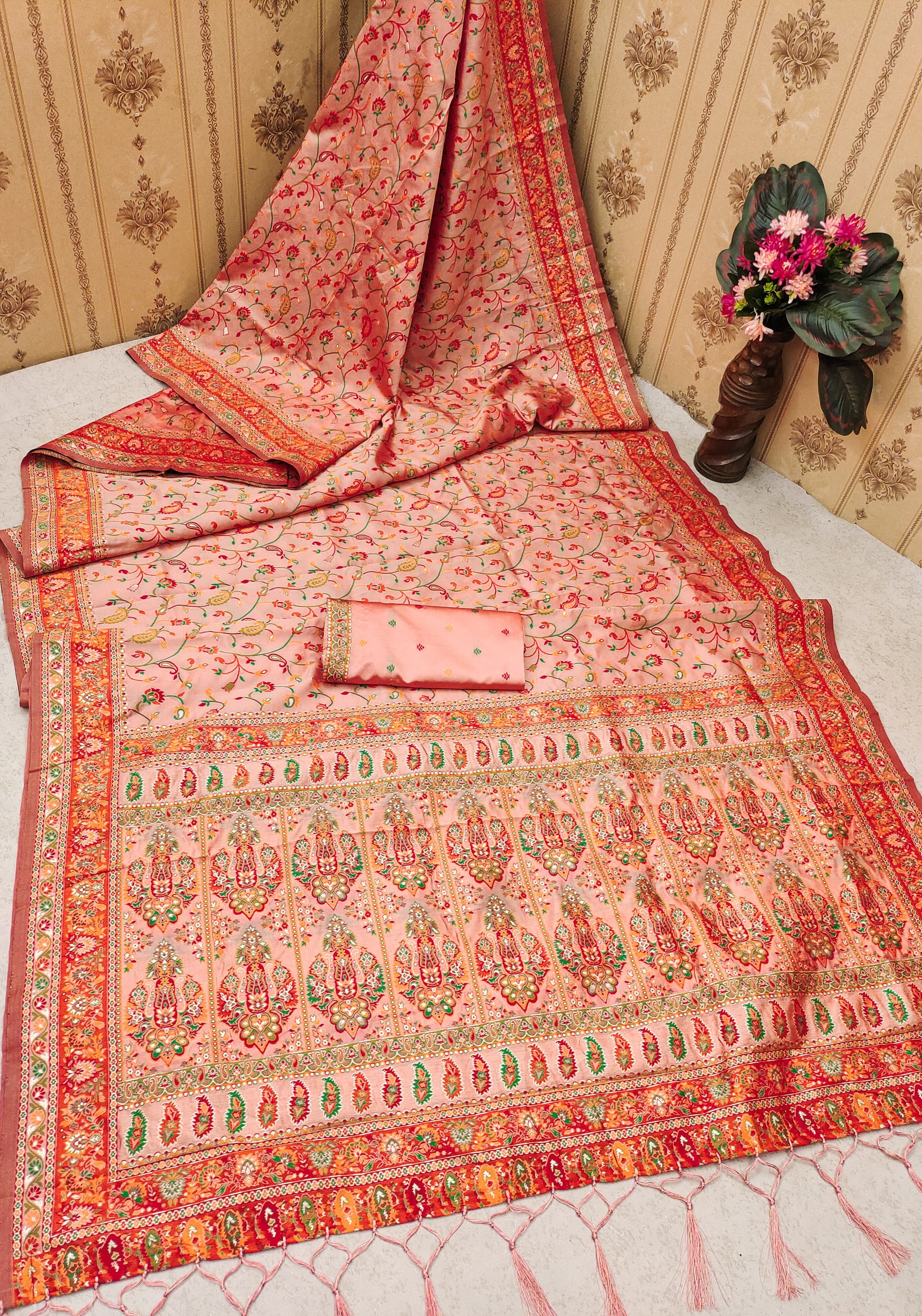 Peach color pashmina silk saree with blouse images