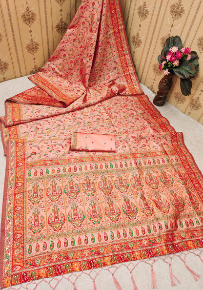 Peach color pashmina silk saree with blouse images