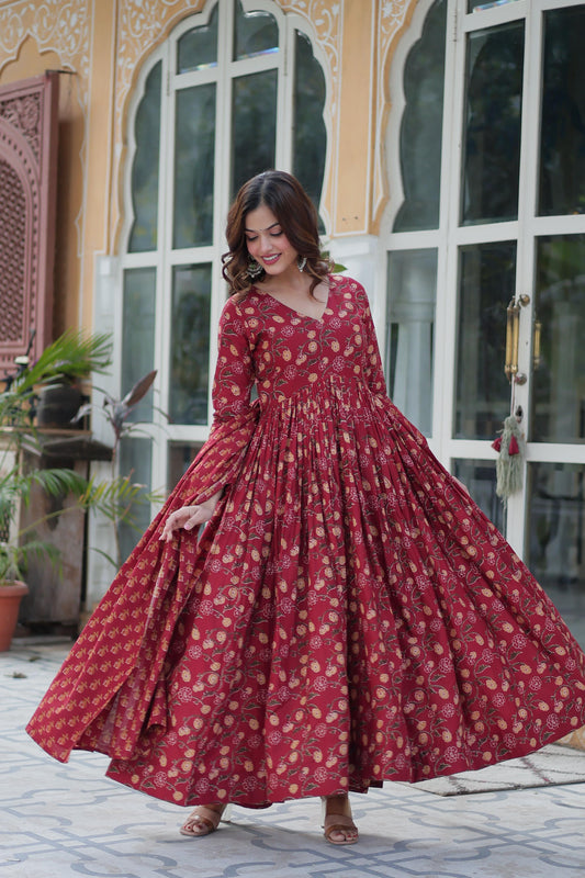 Maroon color cotton printed sharara suit for women