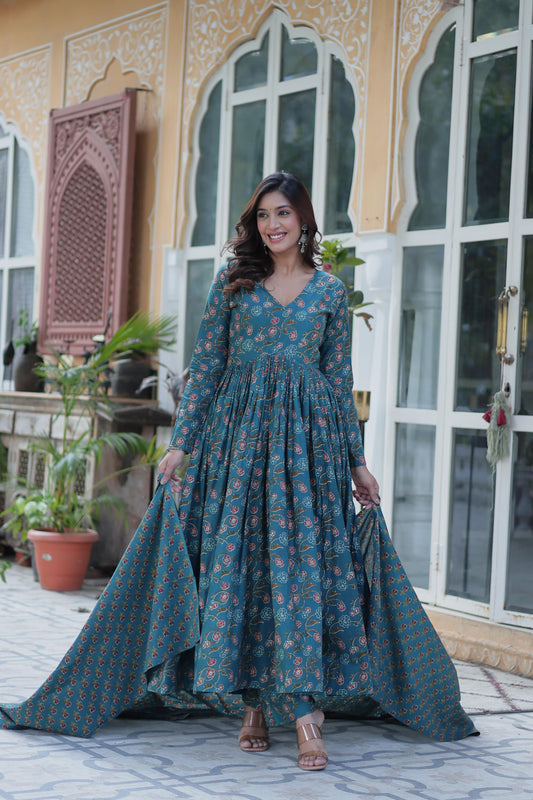 Designer Rama Color Cotton Printed Sharara Suit With Dupatta