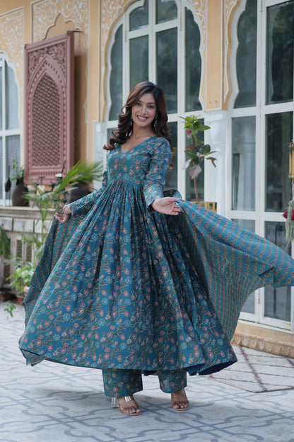 Designer Rama Color Cotton Printed Gown Suit With Dupatta