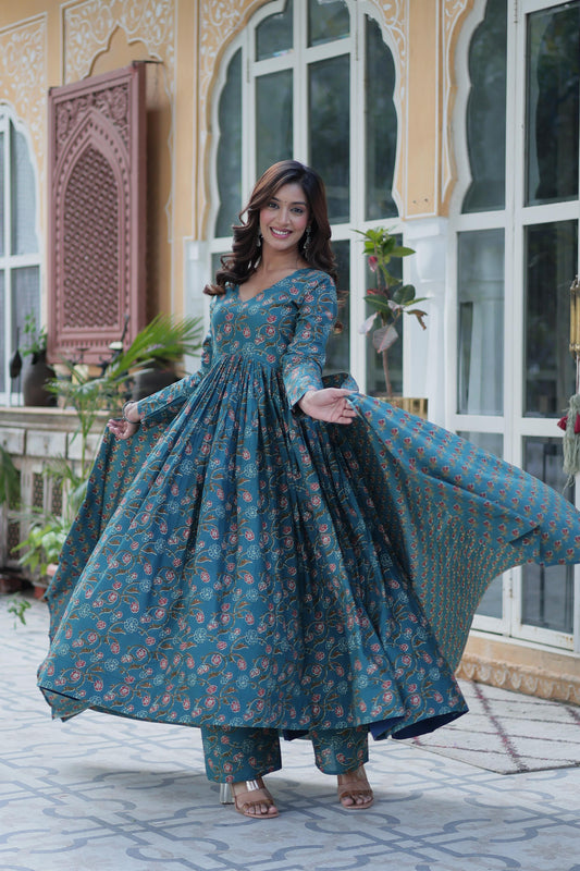Designer Rama Color Cotton Printed Sharara Suit With Dupatta