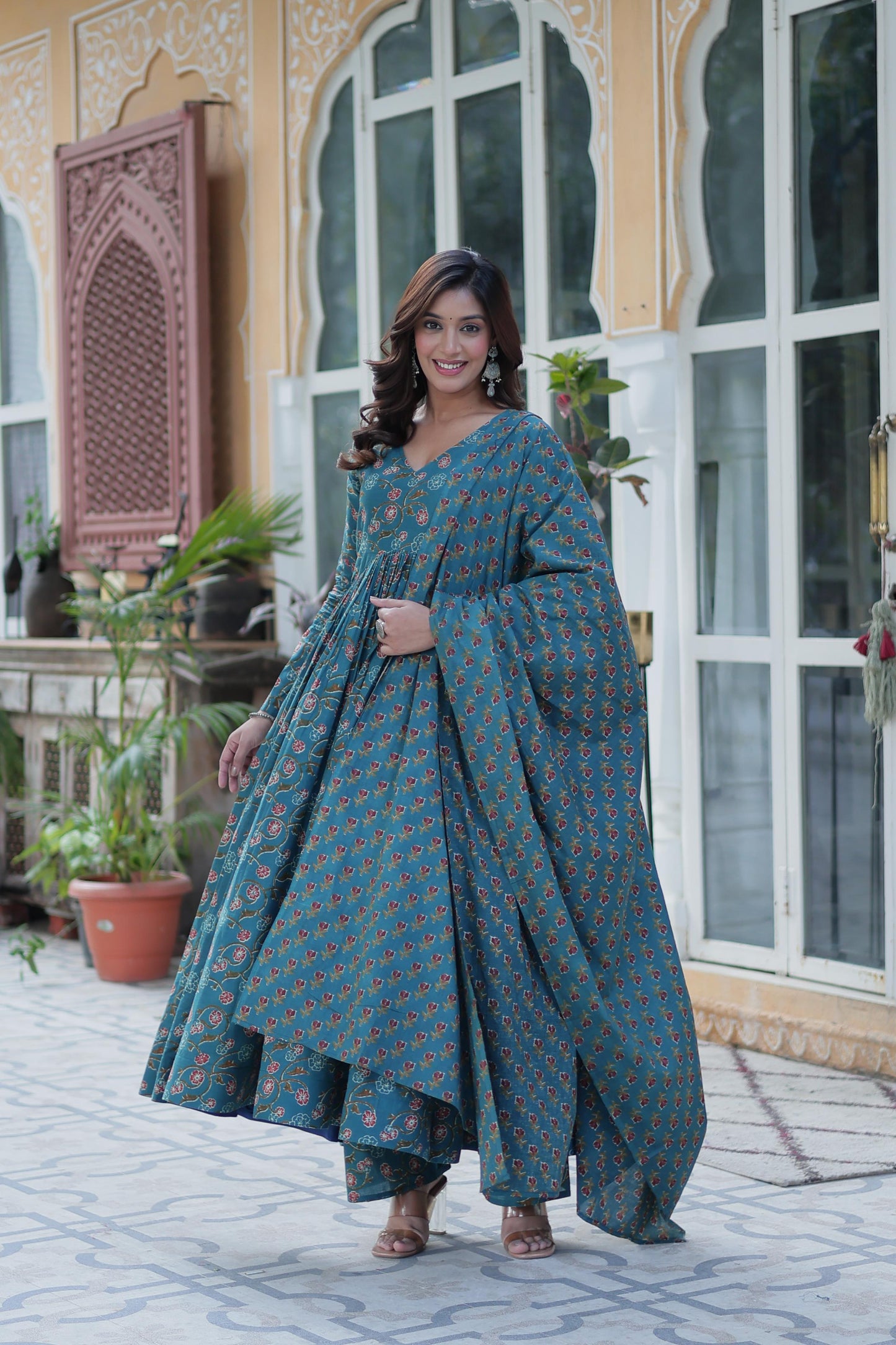 Designer Rama Color Cotton Printed Gown Suit With Dupatta