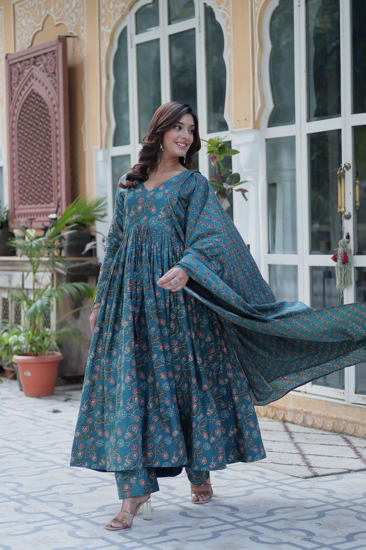 Designer Rama Color Cotton Printed Gown Suit With Dupatta