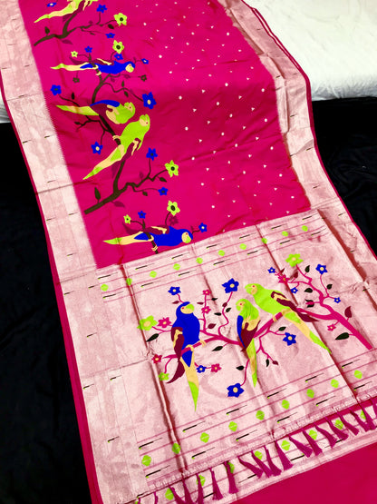 Pink color paithani silk saree with blouse images