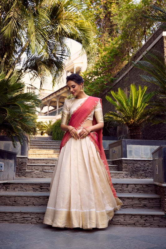 Off white color jacquard chex lehenga choli for women