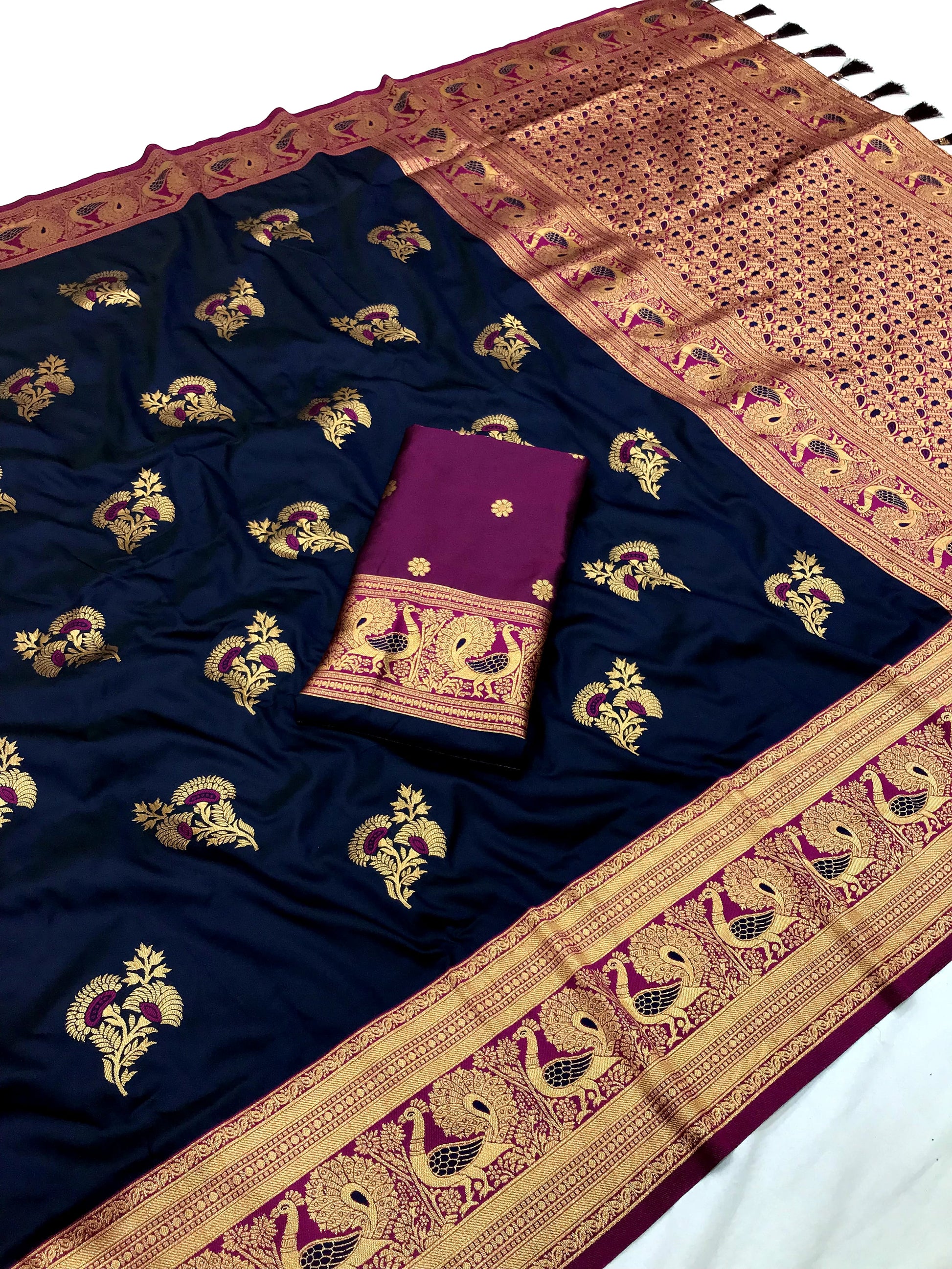 Navy blue color banarasi silk saree with blouse price