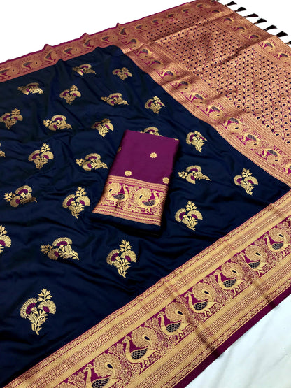 Navy blue color banarasi silk saree with blouse price
