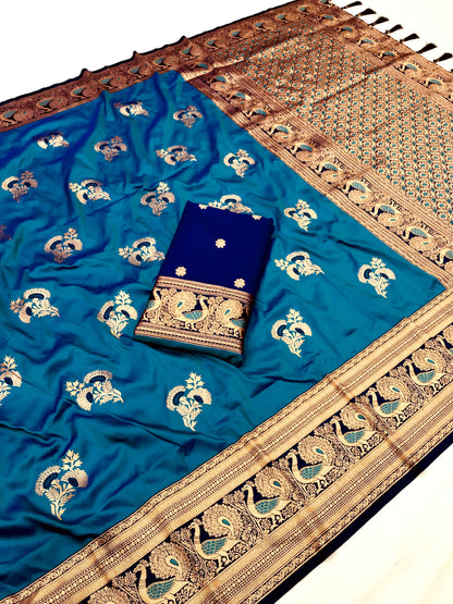 Sky color banarasi silk saree with blouse online