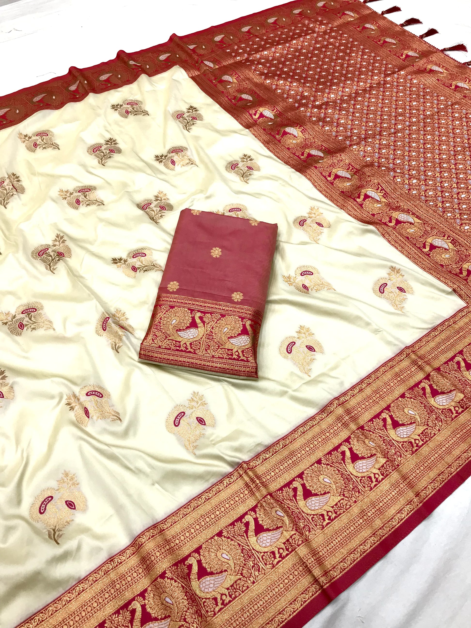 White color banarasi silk saree with blouse online shopping