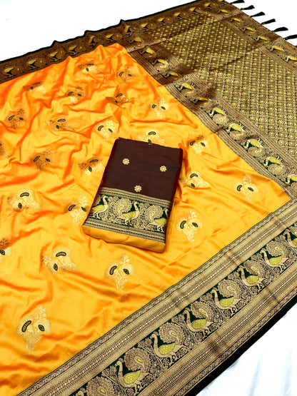 Yellow color banarasi silk saree with blouse for women