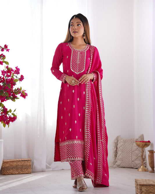 Pink color chinon silk salwar suit for wedding