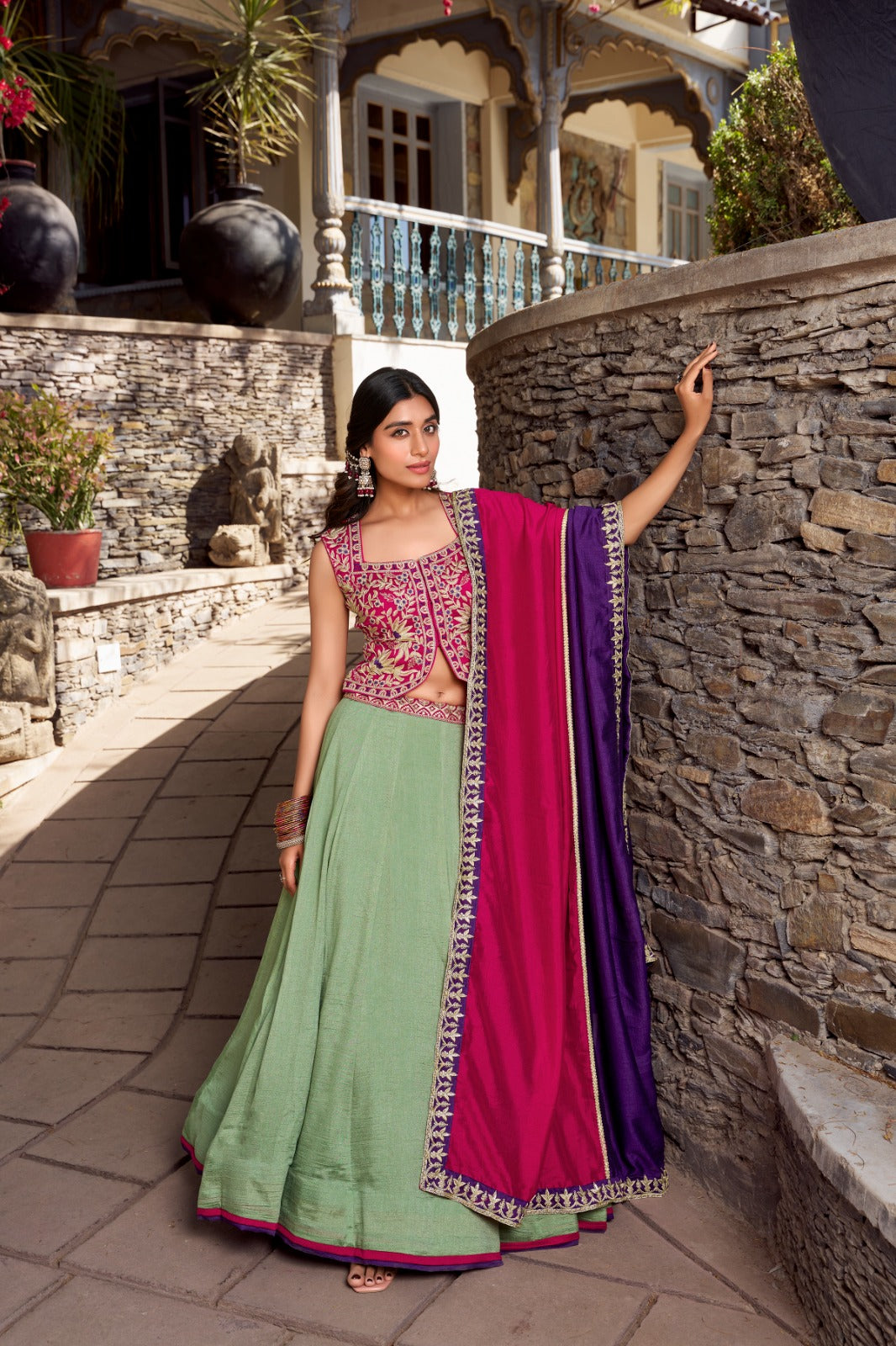 Sea green color vichitra silk lehenga choli with dupatta 