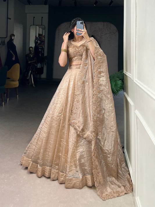 chiku color gold crush lehenga choli for women