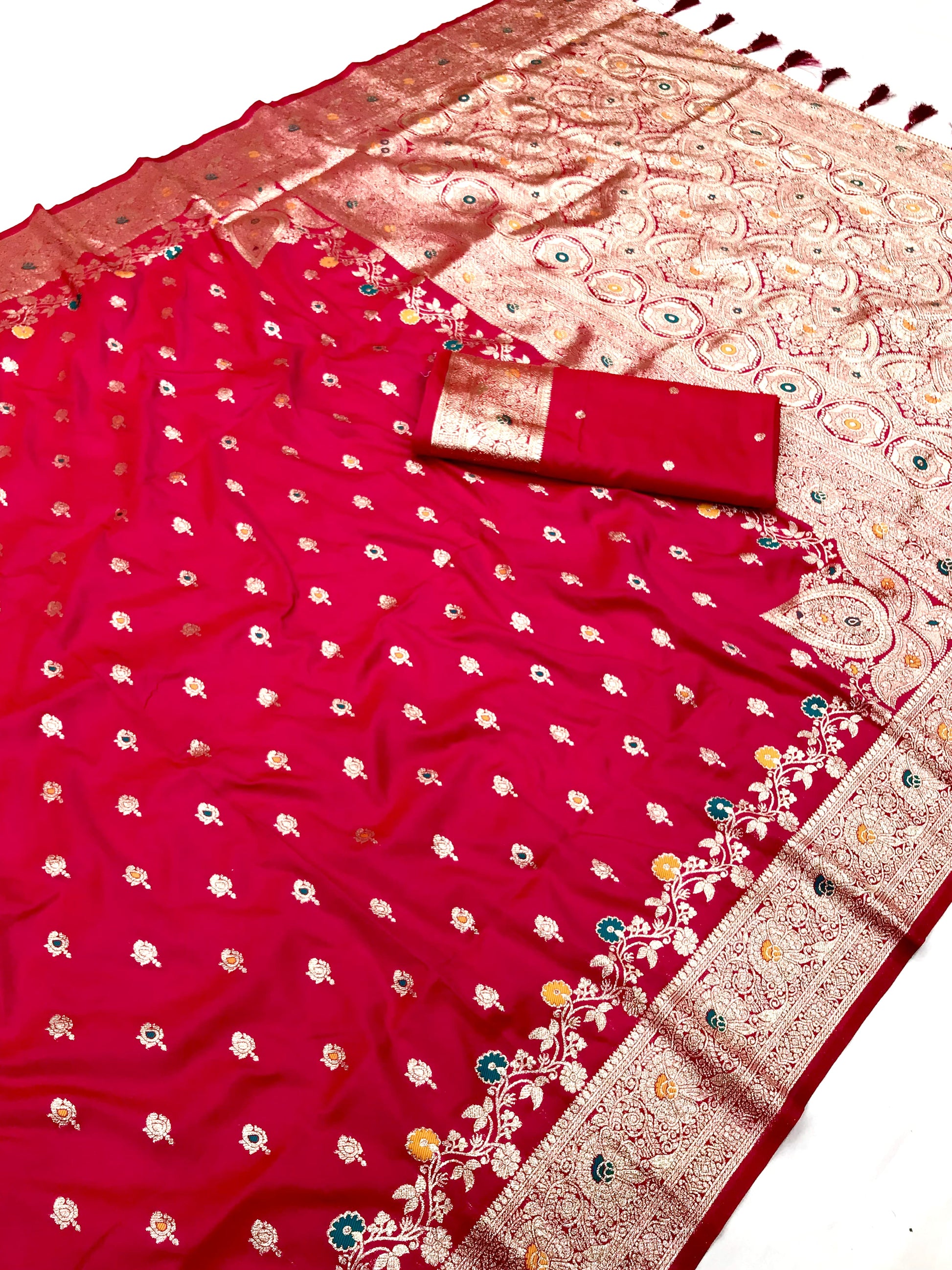 Red color banarasi silk saree with blouse images