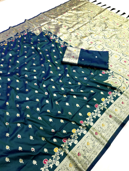 Teal color banarasi silk saree with blouse design