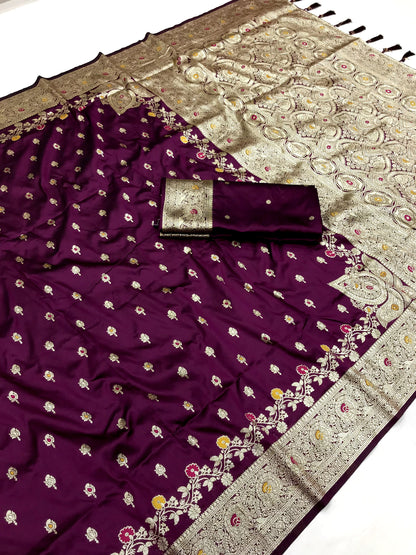 Wine color banarasi silk saree for women