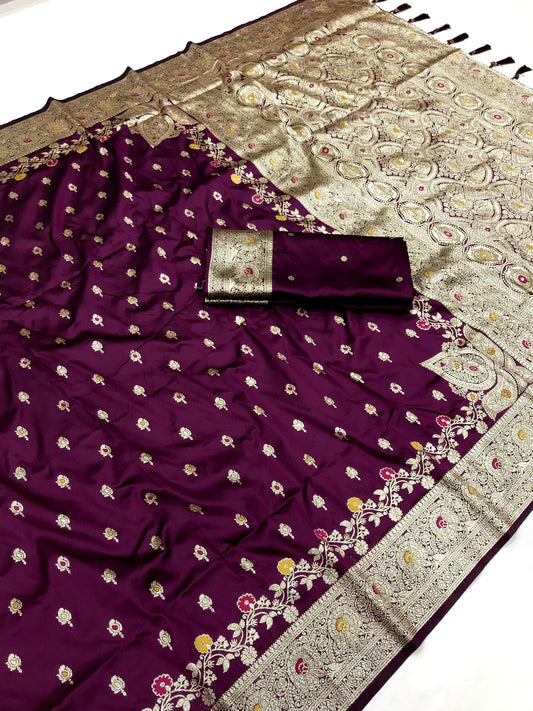 Wine color banarasi silk saree for women