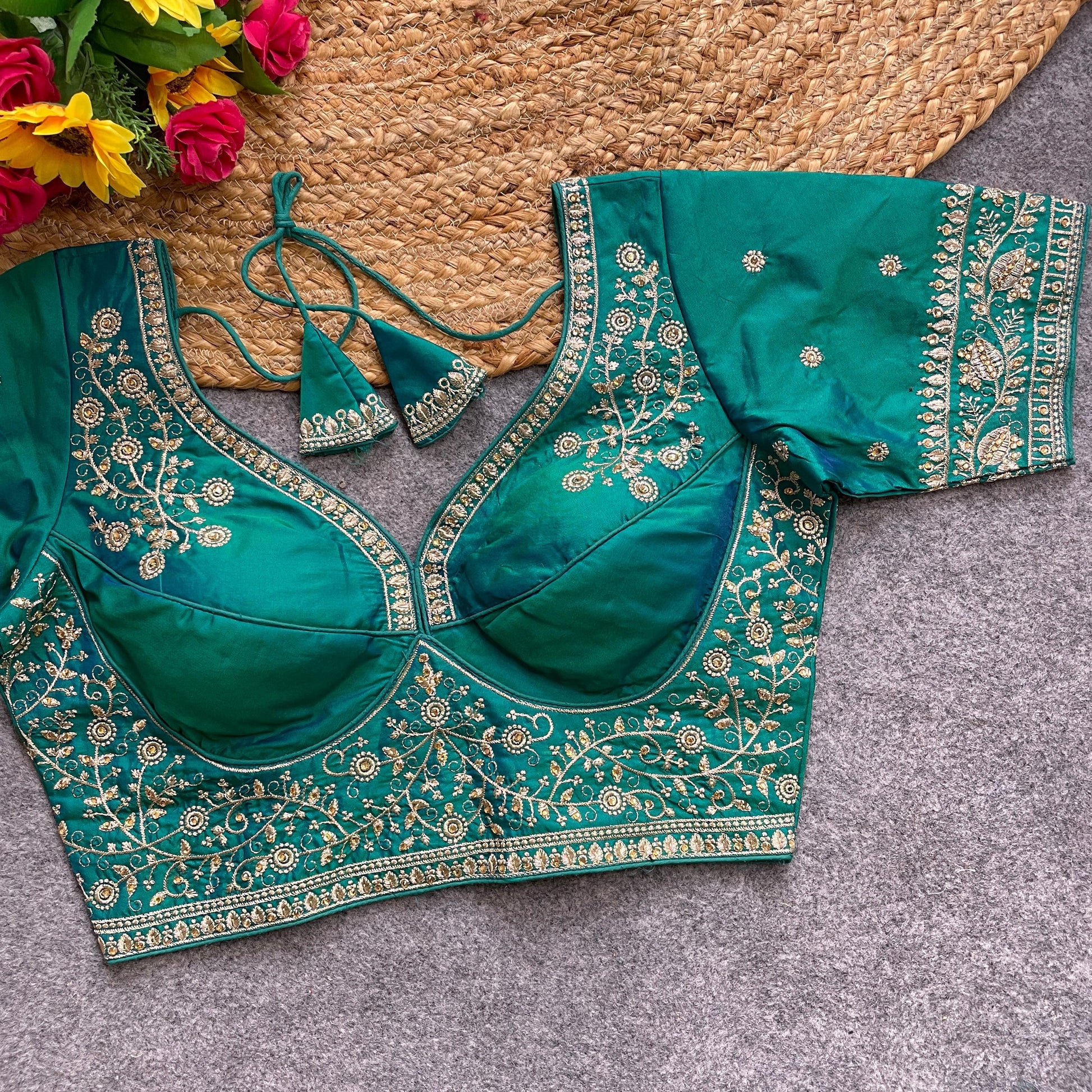 Rama color silk sarees blouse for wedding