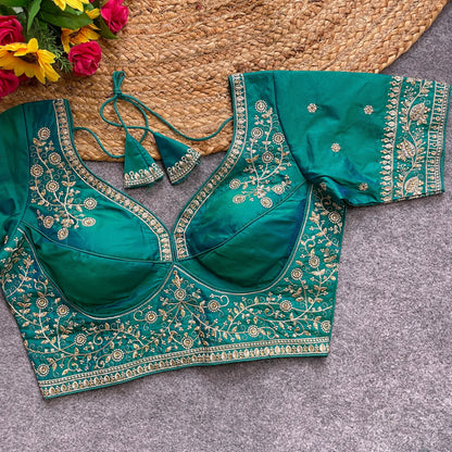 Rama color silk sarees blouse for wedding