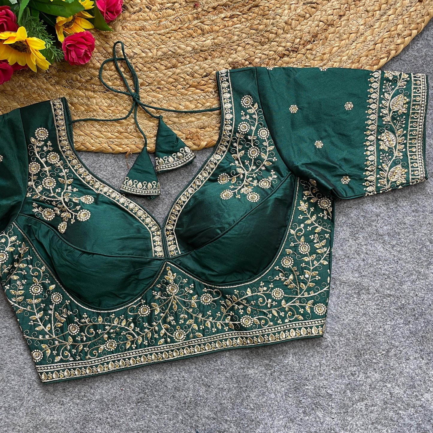 Dark Green color silk lehenga blouse with price
