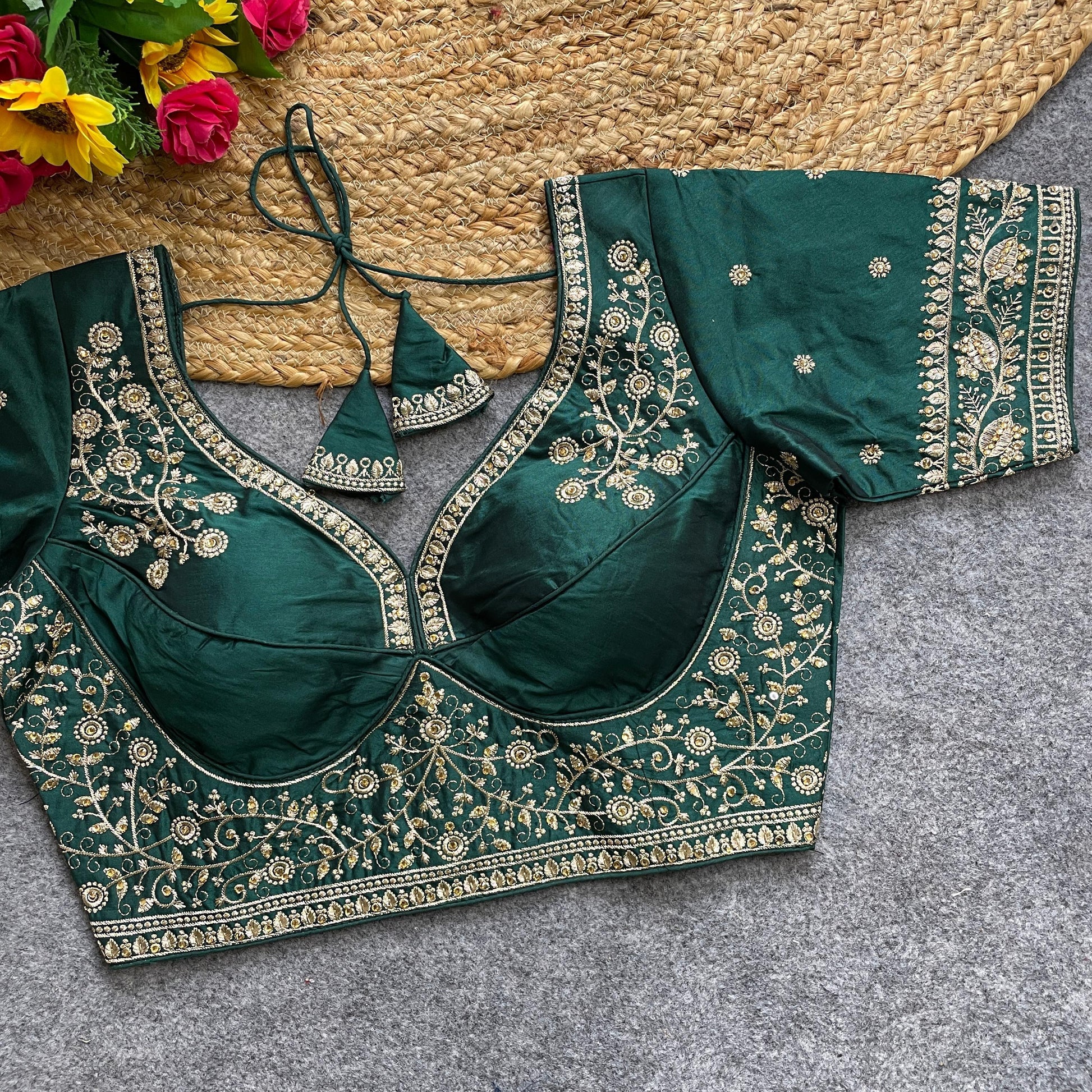 Dark Green color silk lehenga blouse with price