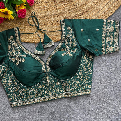 Dark Green color silk lehenga blouse with price