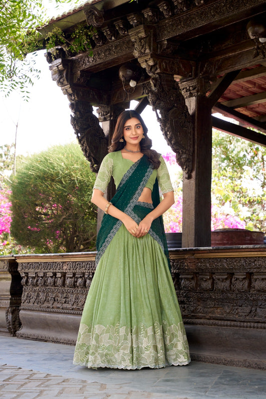 Green color silver glosy lehenga choli for women