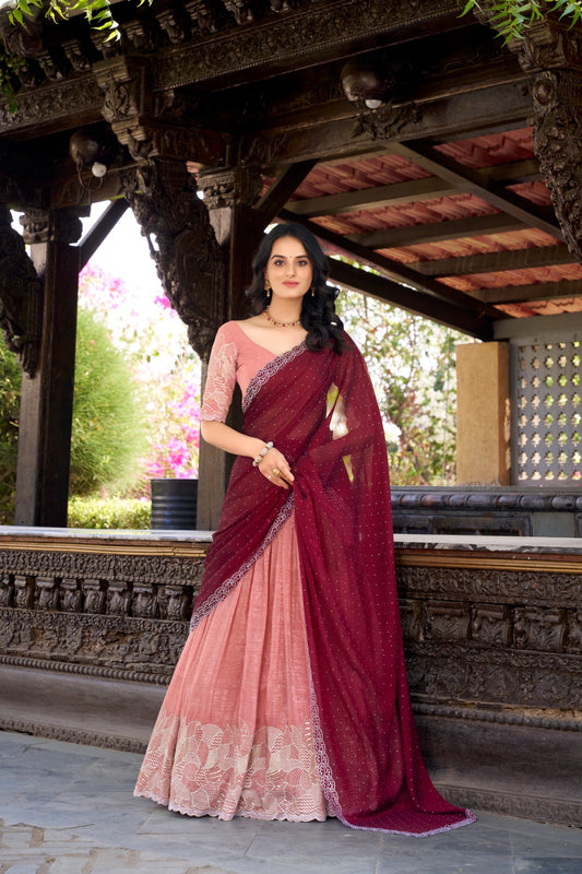 Peach color silver glosy lehenga choli for women