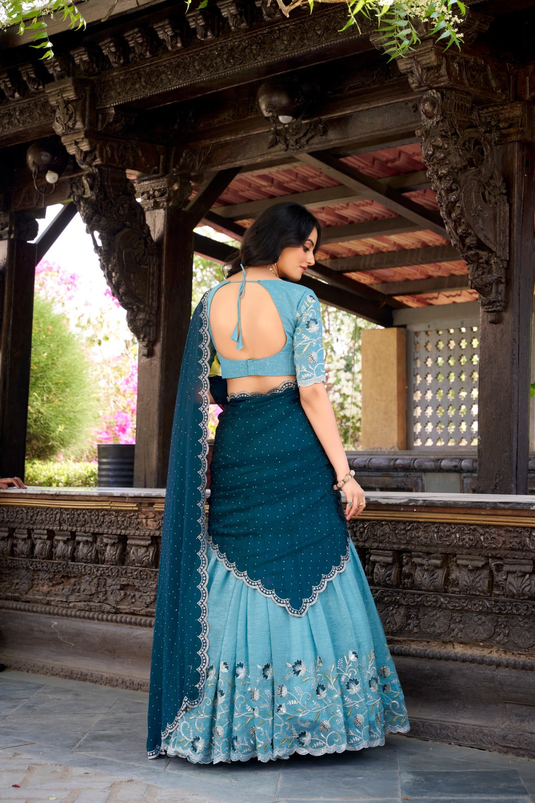 Sky blue color silver glosy lehenga choli with online shopping