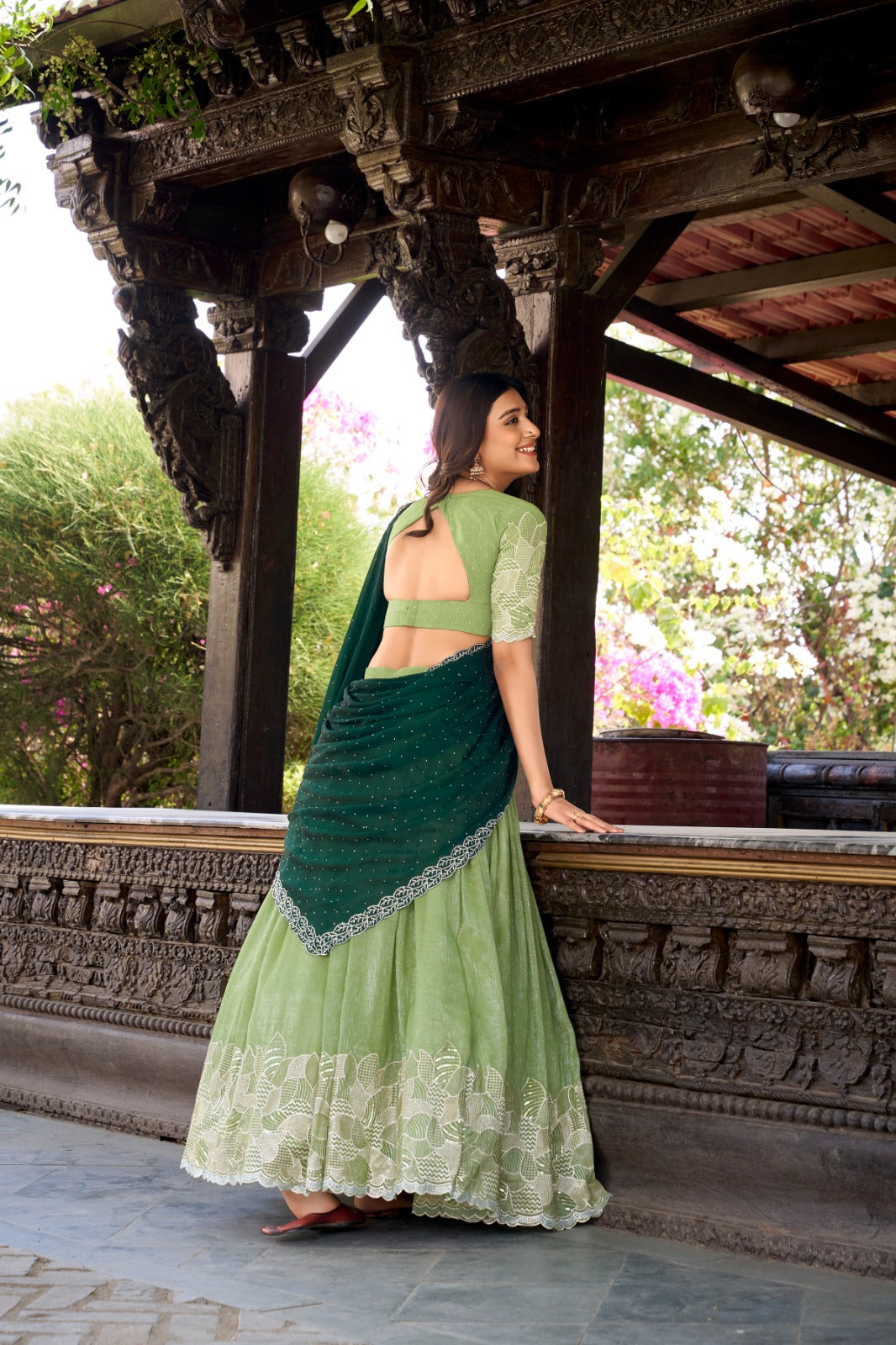 Green color silver glosy lehenga choli with online shopping