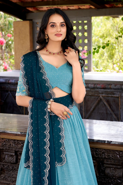 Sky blue color silver glosy lehenga choli with online shopping