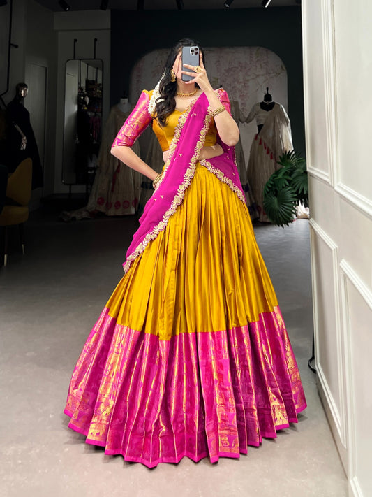 Mustard color narayan pattu lehenga choli for women